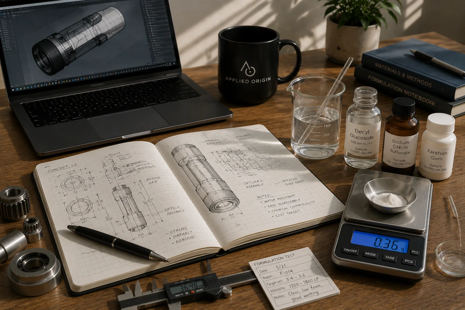 Product development workspace with sketches, CAD, formulation materials, and measuring tools