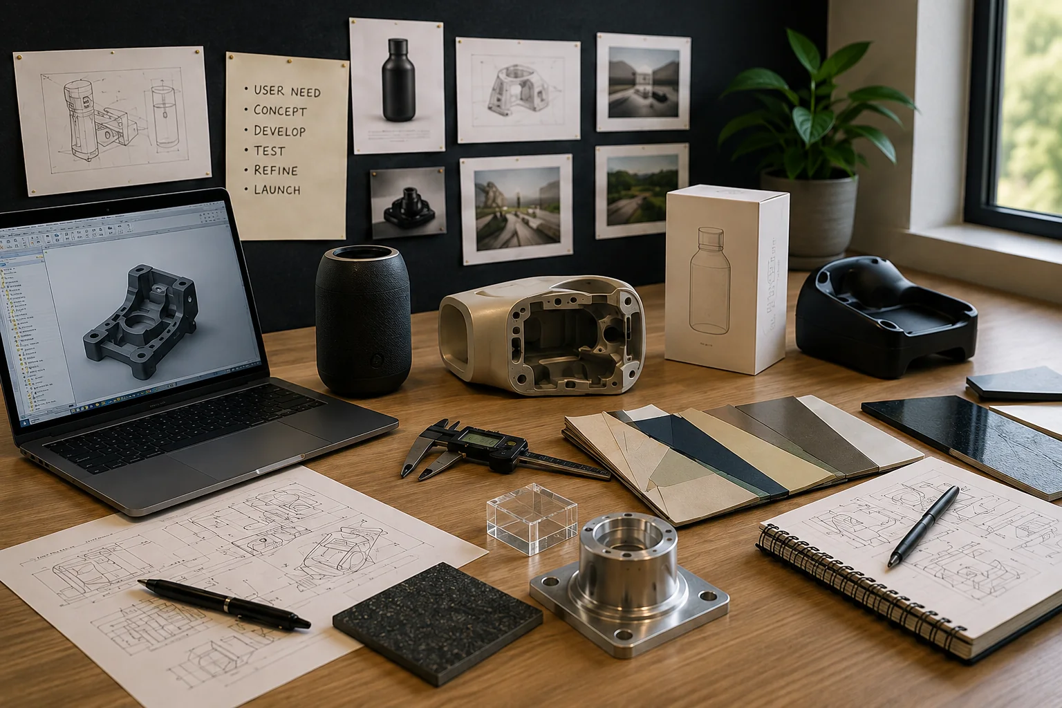 Physical product development workspace with CAD, prototypes, material samples, test pieces, sketches, and measurement tools
