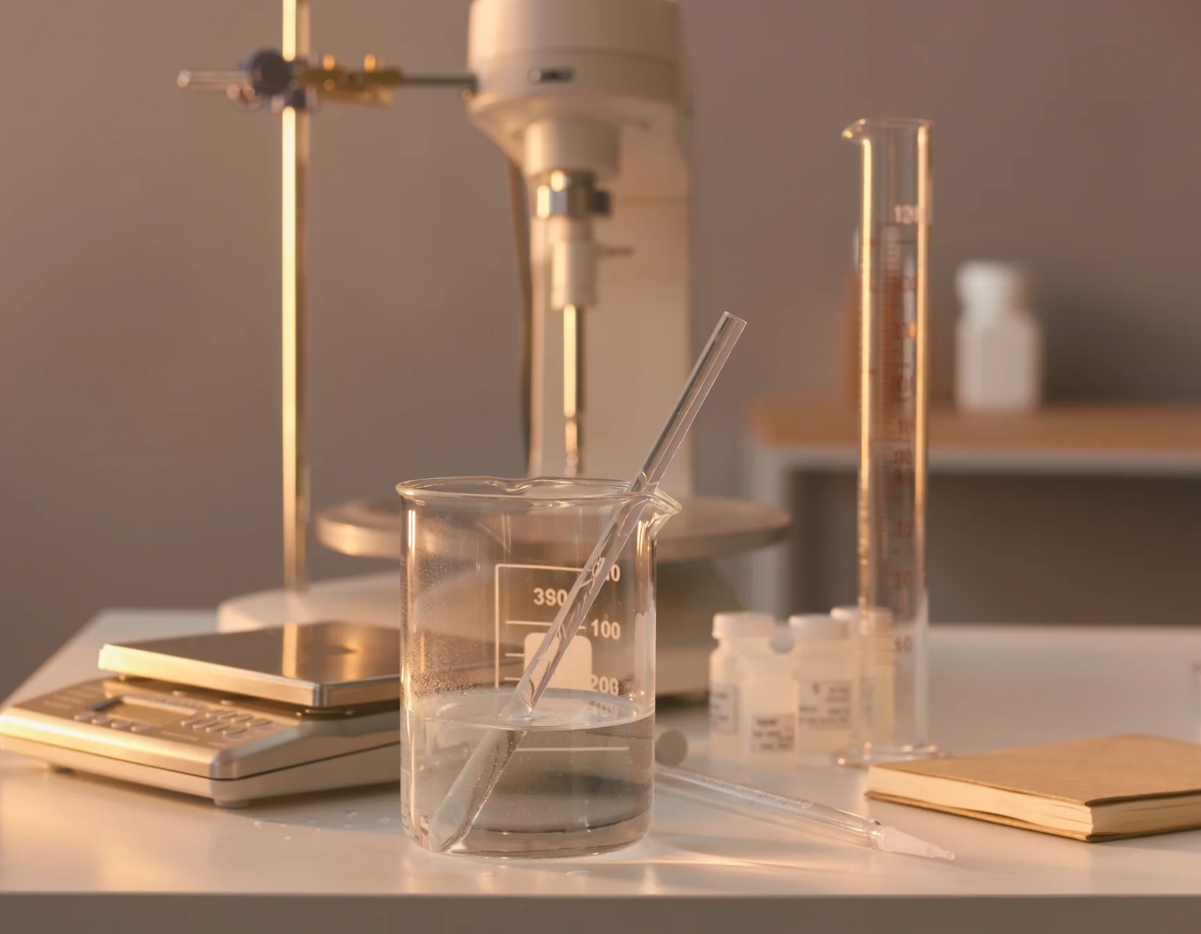 Bench-scale formulated product development with samples and laboratory glassware