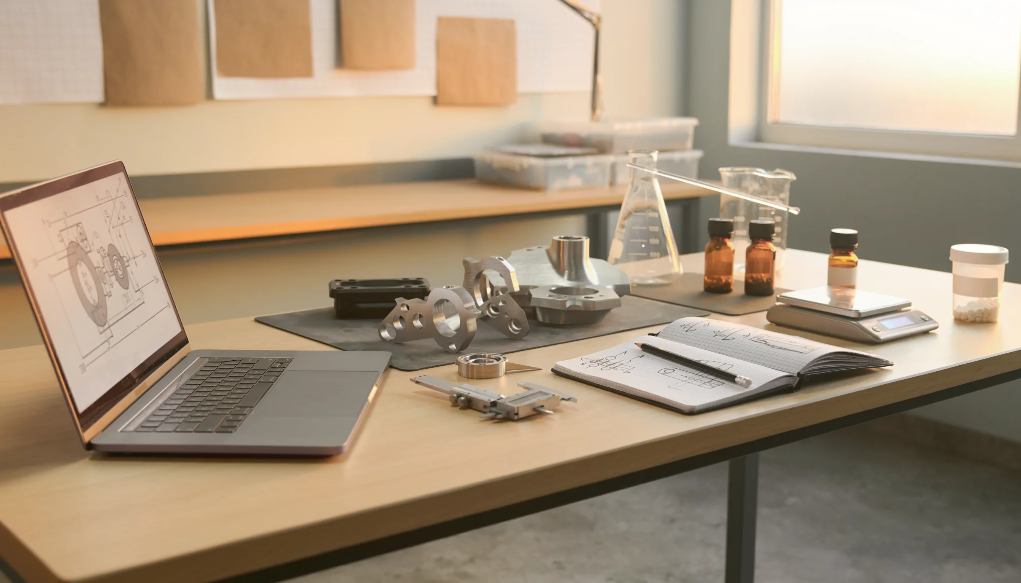 Product development workspace with CAD, prototypes, formulation materials, and measuring tools